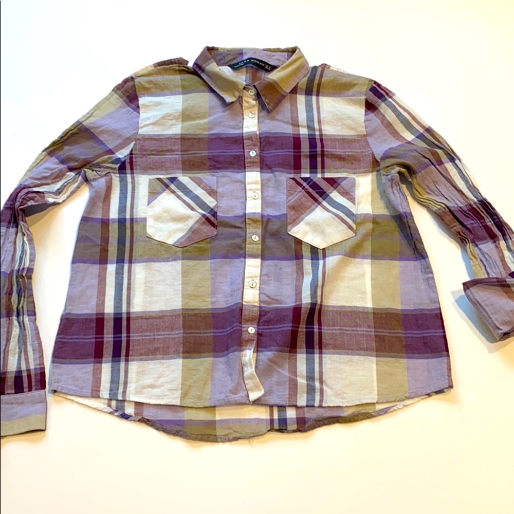 Zara Medium Plaid Button Up Shirt Roll Cuff Sleeve